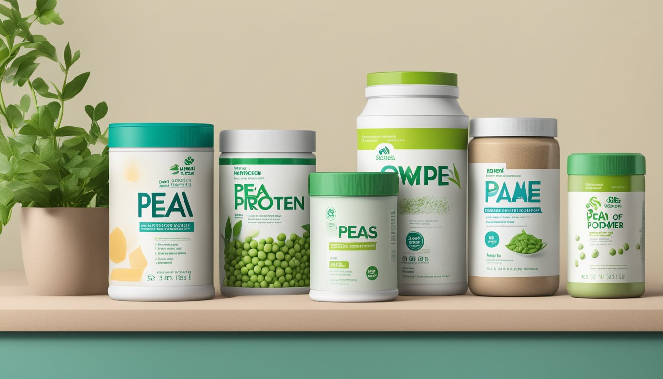 A jar of pea protein powder sits next to other plant-based powders with expiration dates visible on the packaging