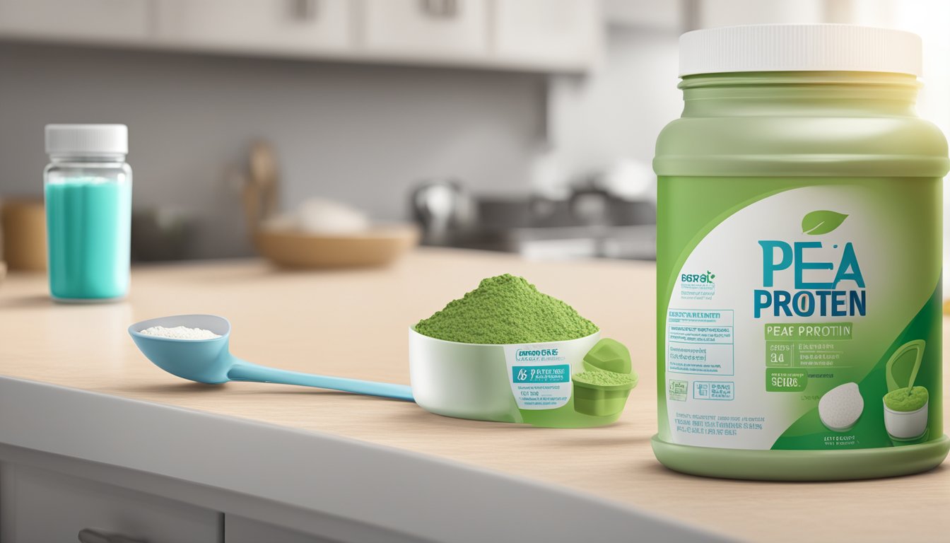 A jar of pea protein powder sits on a clean countertop, next to a measuring scoop and a shaker bottle. The expiration date is clearly visible on the label