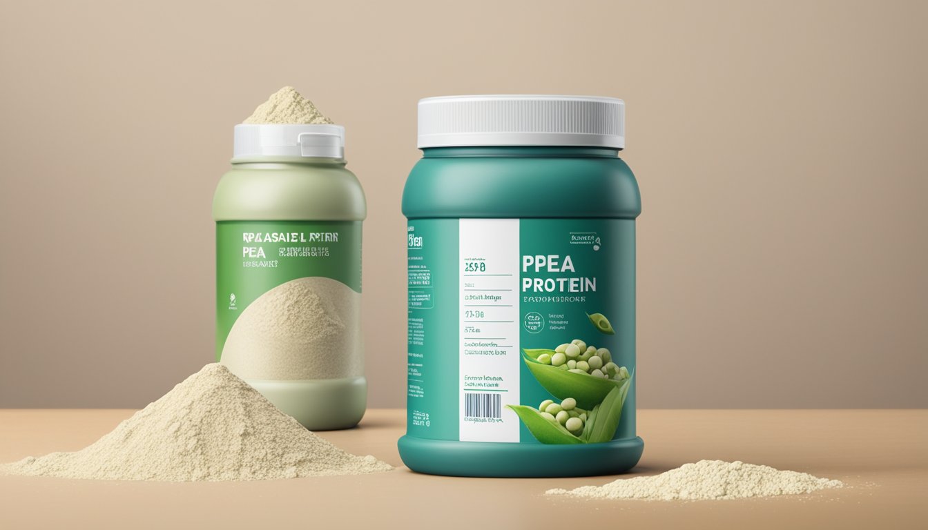 A container of expired pea protein powder with visible signs of spoilage, such as clumping and discoloration, next to a calendar showing the current date