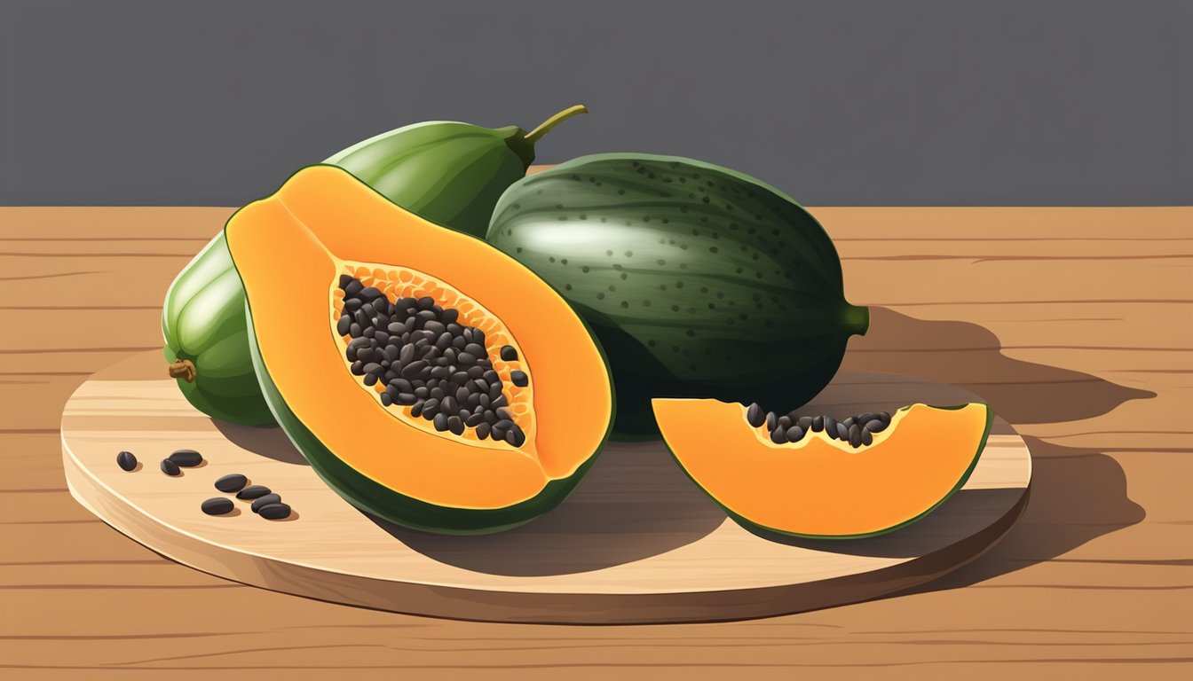 A ripe papaya sits on a wooden cutting board, surrounded by seeds and slices. A half-cut papaya shows its orange flesh and black seeds