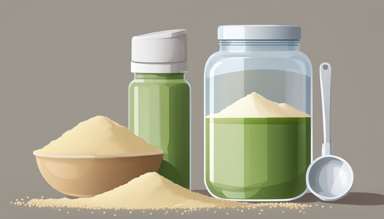 A jar of pea protein powder sits on a kitchen counter, next to a scoop and a measuring cup. The jar is open, with a few grains of powder spilled around it