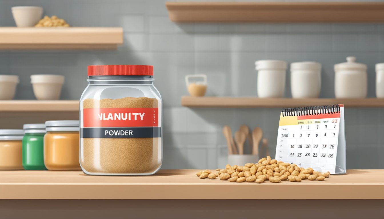 A jar of peanut powder on a kitchen shelf, with a calendar showing the current date and an expiration date circled in red