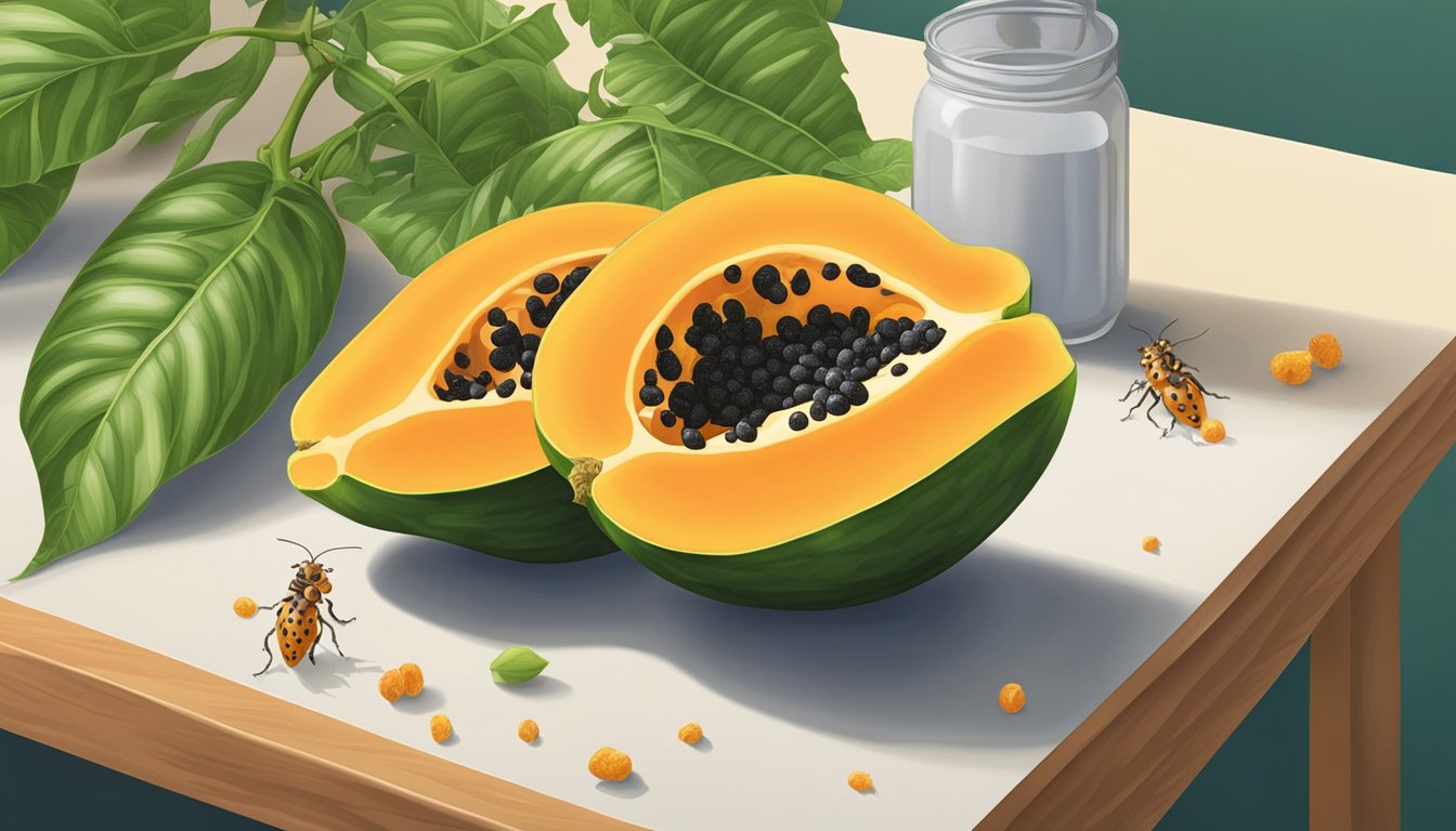 A ripe papaya sits on a kitchen counter, surrounded by vibrant green leaves and a few small fruit flies. Its skin is a golden yellow with hints of orange, and it gives off a sweet, tropical aroma