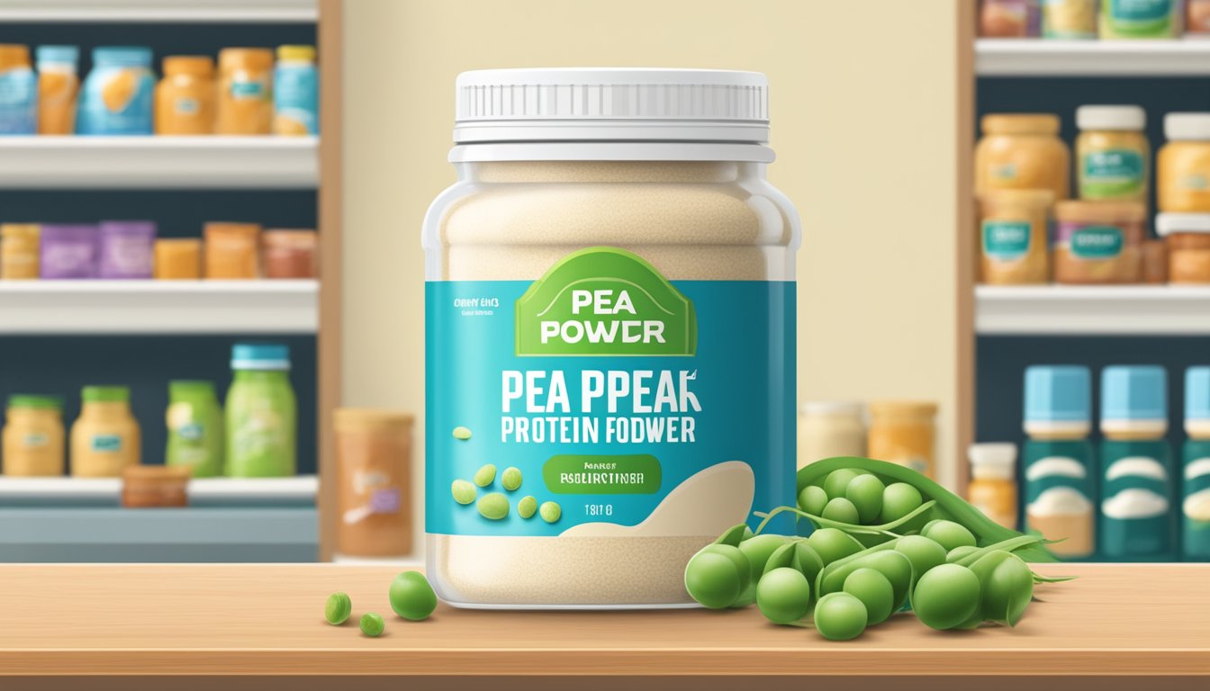 A sealed jar of pea protein powder on a shelf, surrounded by other health food products. The label on the jar indicates the expiration date