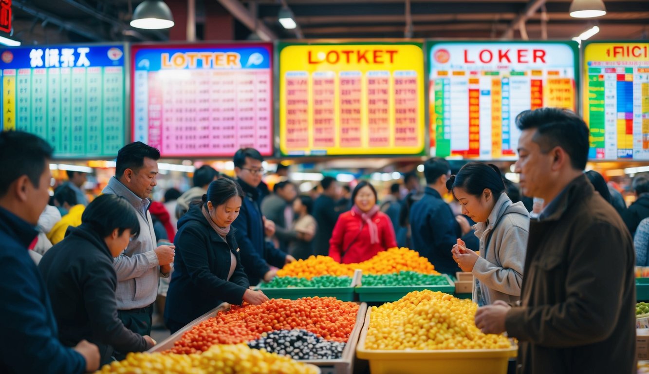 Pasar yang ramai dengan papan lotere berwarna-warni dan pelanggan yang antusias