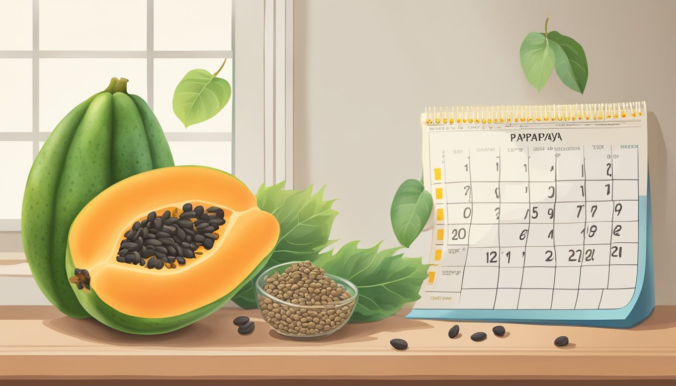 A ripe papaya, a papaya slice, and papaya seeds arranged on a shelf with a calendar showing different expiration dates