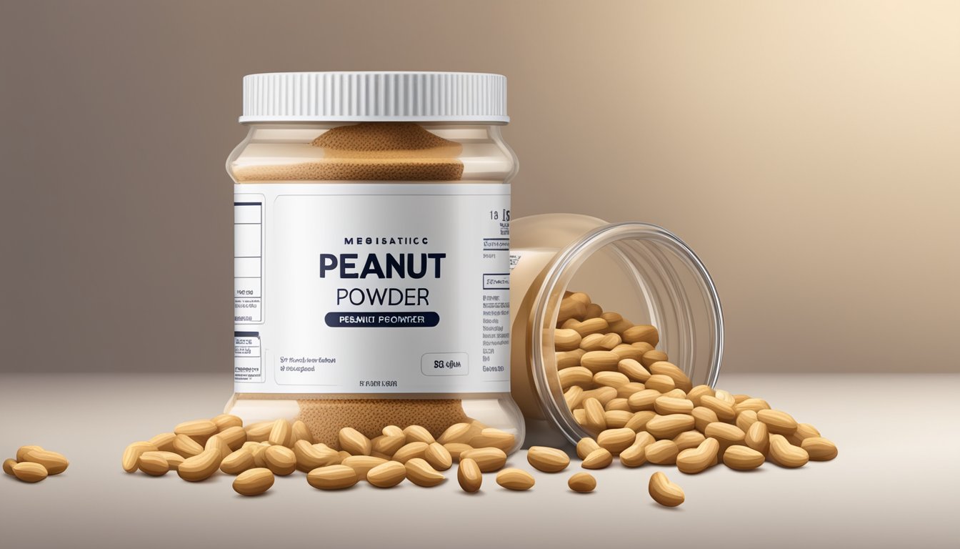 A jar of peanut powder with a visible expiration date, surrounded by opened and unopened packaging of peanuts and peanut products