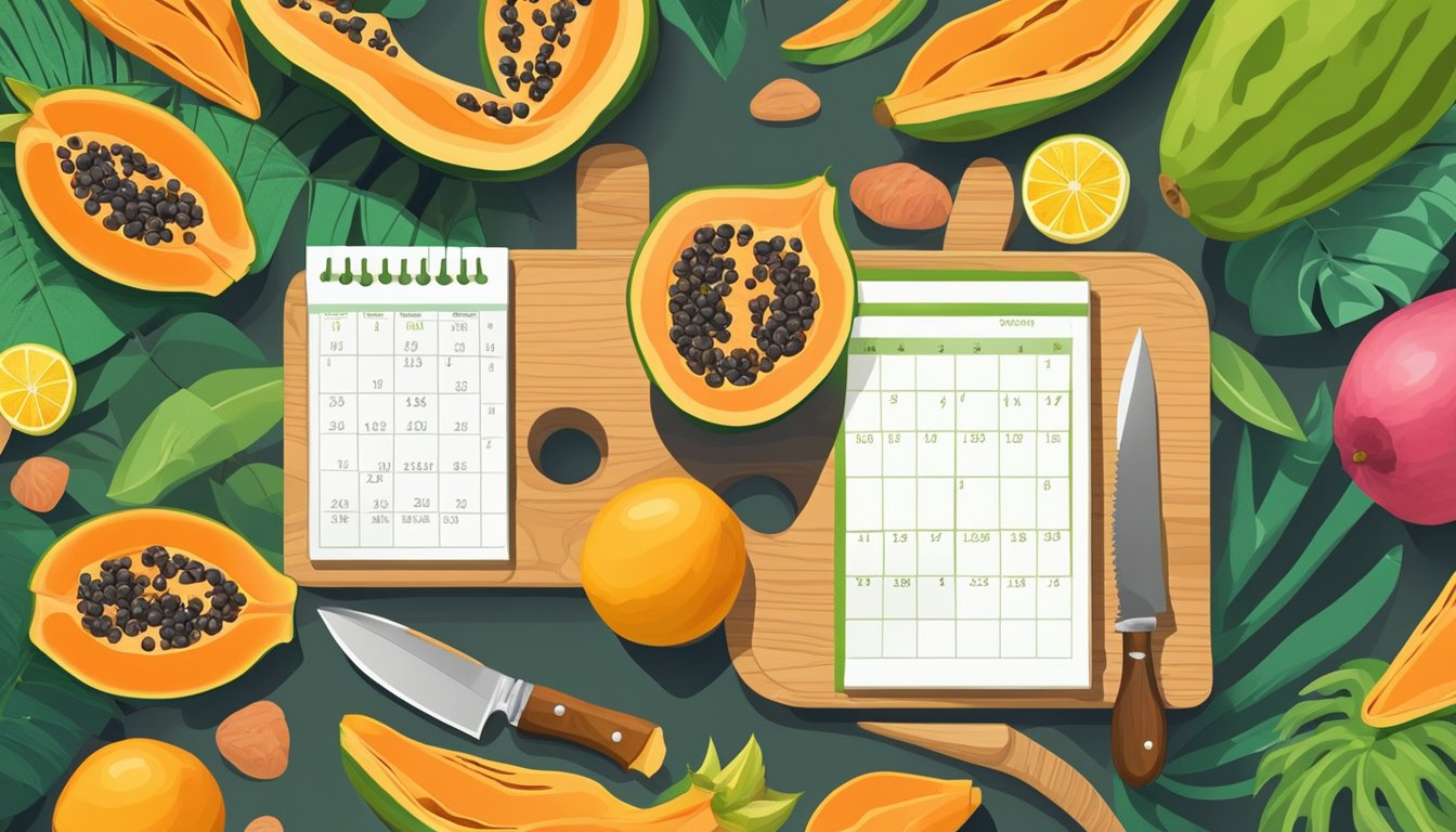 A ripe papaya sits on a wooden cutting board surrounded by vibrant tropical fruits and a decorative knife. A calendar on the wall shows the current date