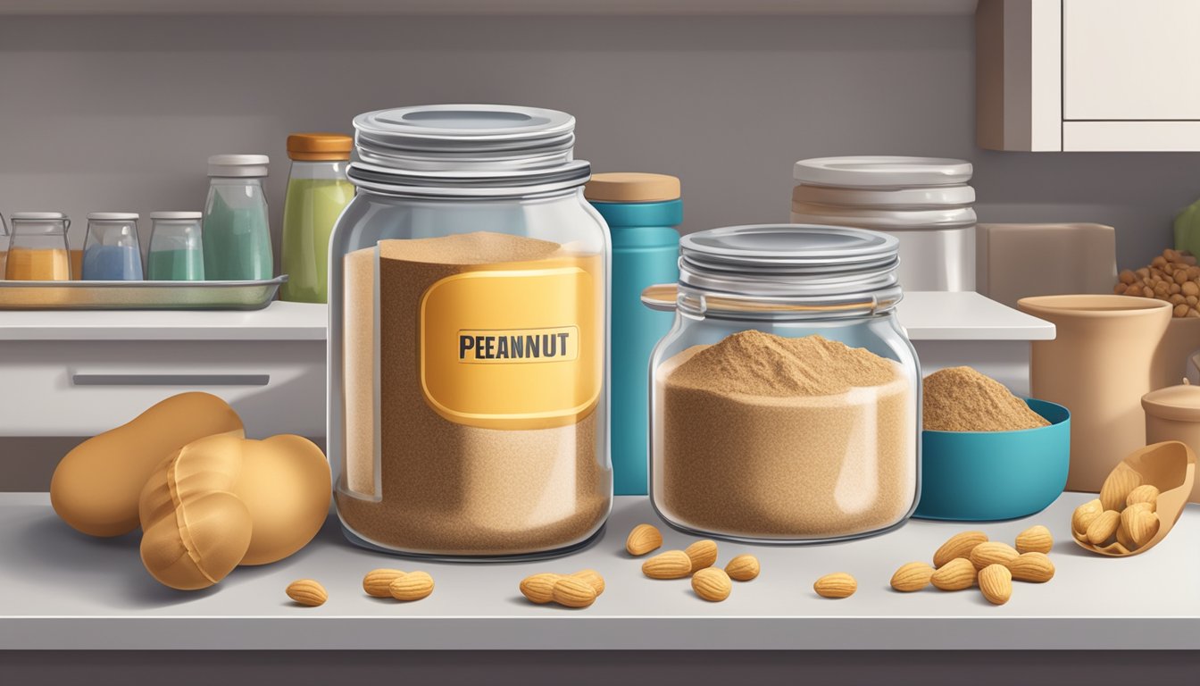 A jar of peanut powder sits on a kitchen shelf, surrounded by various baking ingredients and a calendar with the expiration date circled