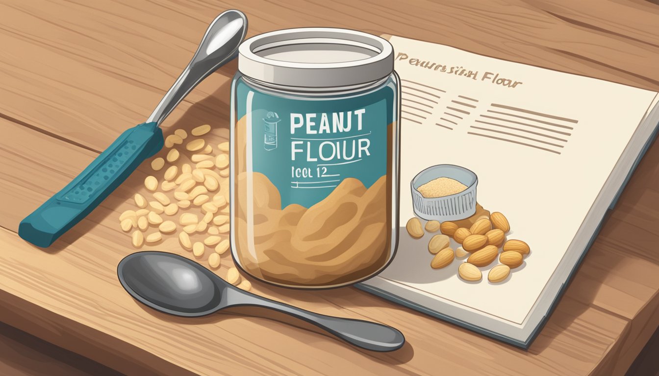 A jar of peanut flour sits on a kitchen counter, next to a measuring spoon and a recipe book. The jar's label indicates the expiration date