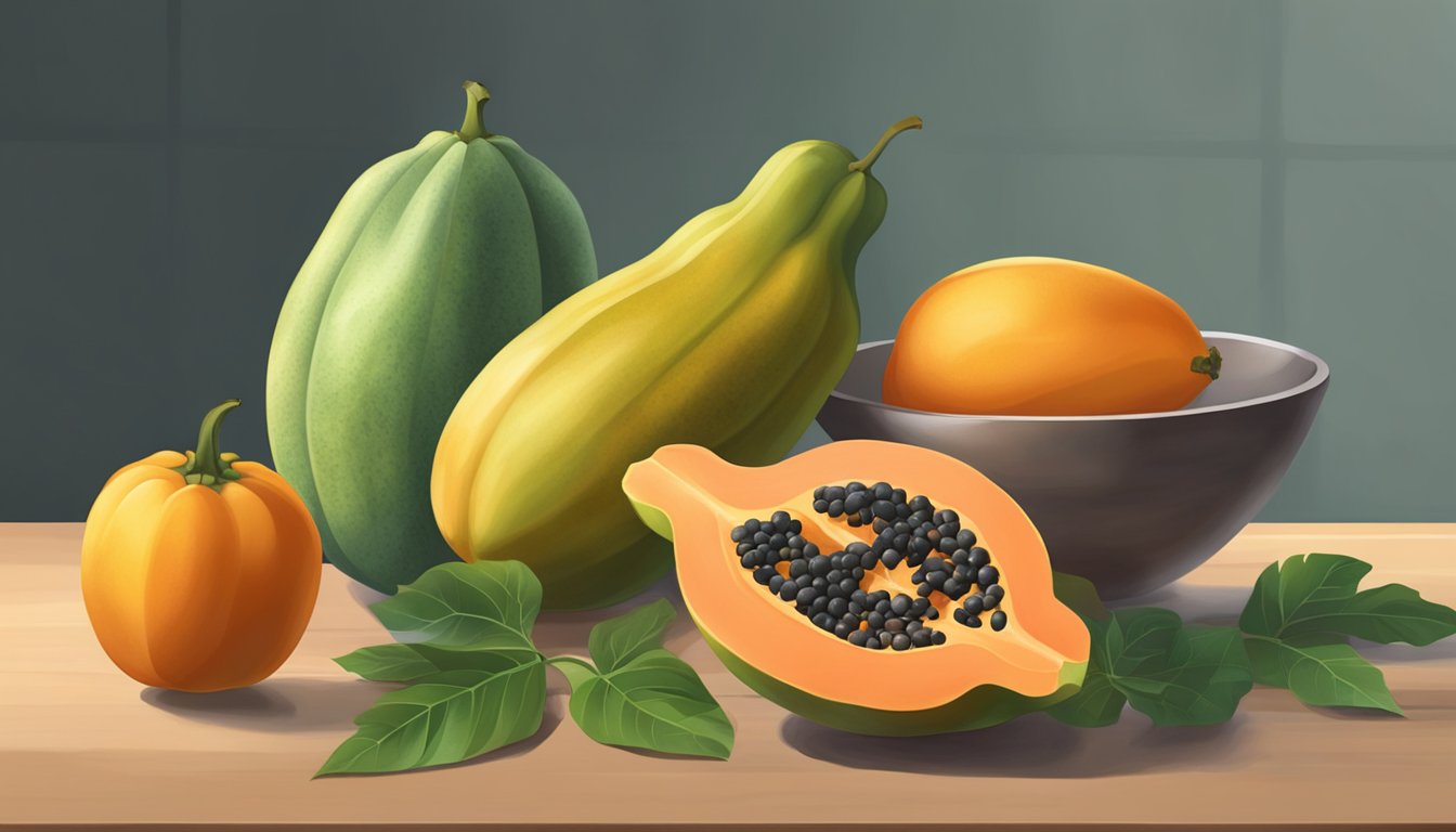 A ripe papaya sits on a kitchen counter next to a bowl of other fruits. The papaya is firm and vibrant in color, indicating freshness