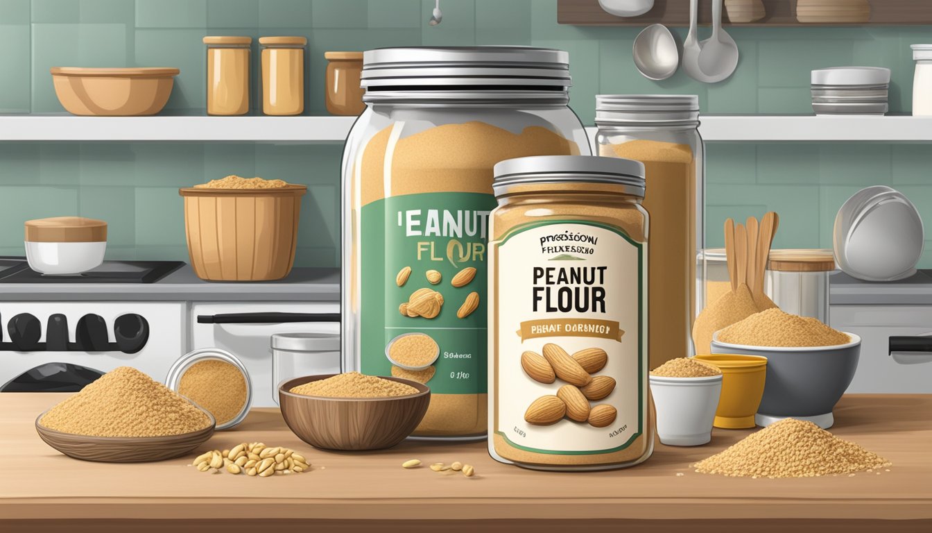 A jar of peanut flour sits on a kitchen shelf, surrounded by other baking ingredients. The label on the jar indicates the expiration date