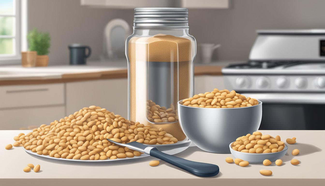 A jar of peanut powder sits on a kitchen counter next to a measuring spoon and a freshly opened packet of peanuts