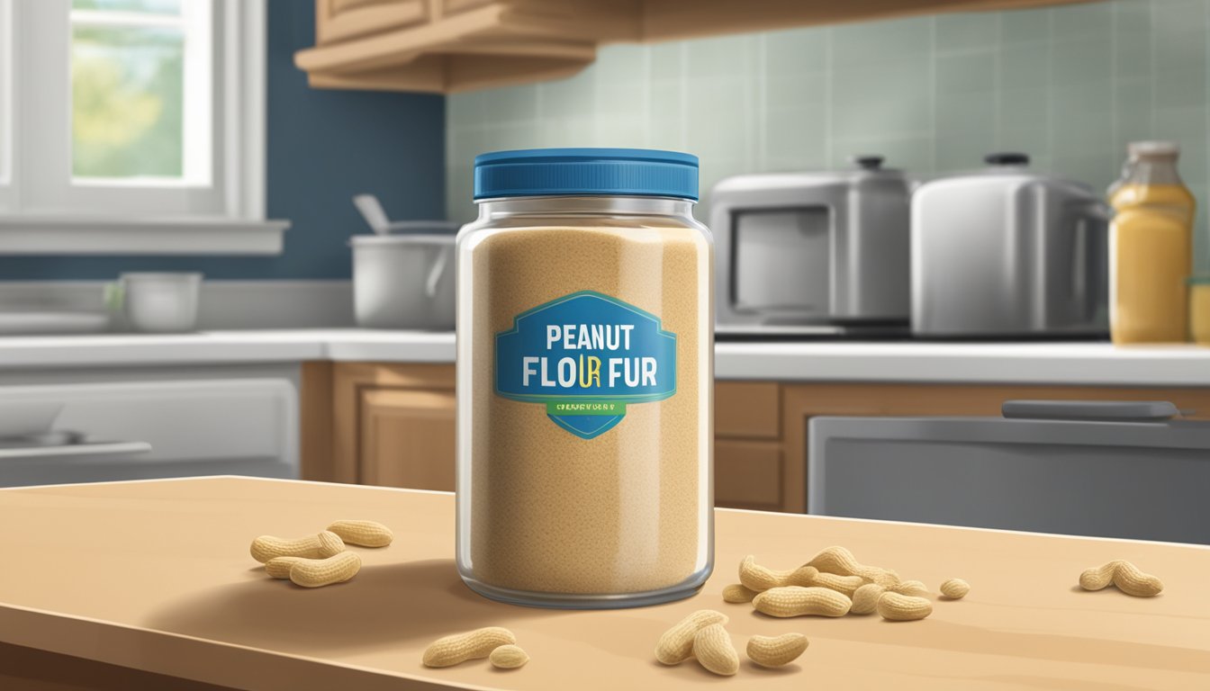 A jar of peanut flour sits open on a kitchen counter, with visible signs of mold and discoloration, indicating spoilage