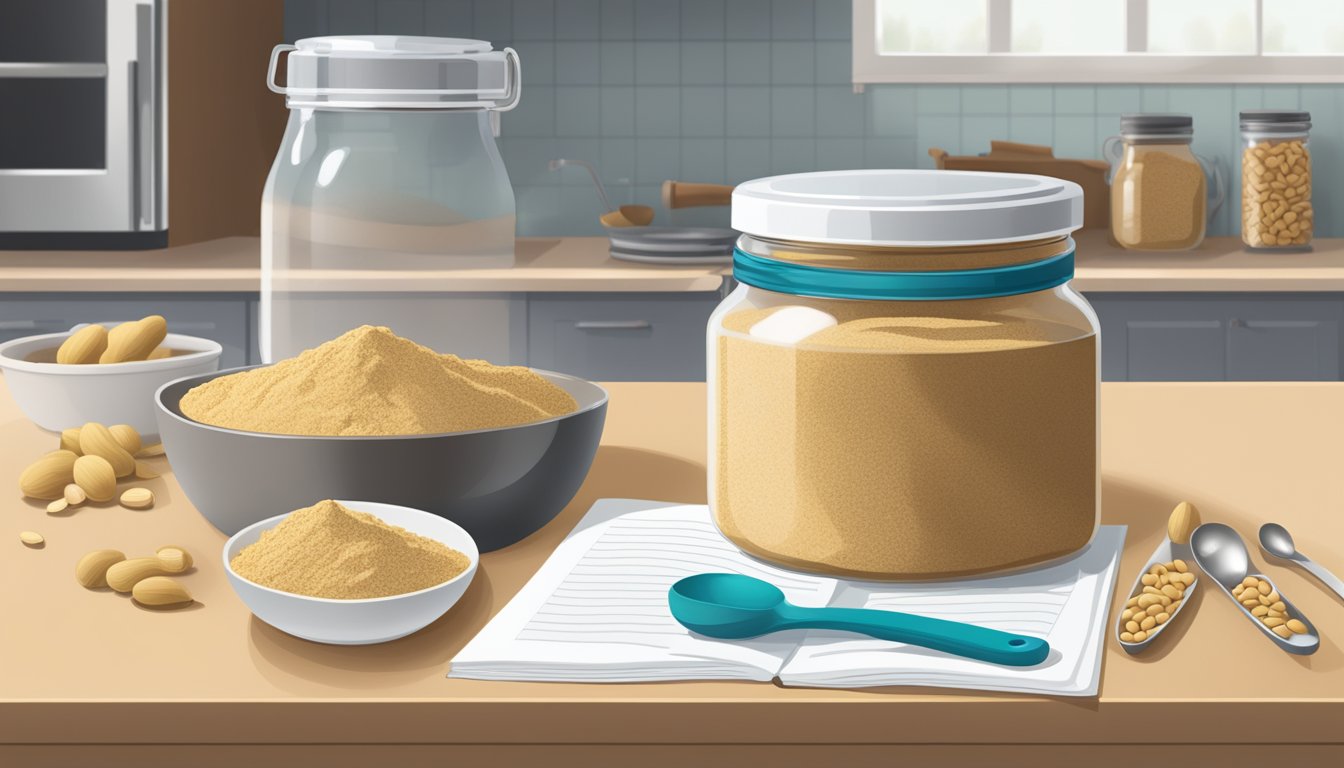 A jar of peanut flour sits on a kitchen counter, surrounded by measuring spoons, a mixing bowl, and a recipe book