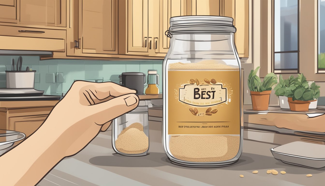 A jar of peanut flour with a "best by" date on the label. A hand reaching for the jar on a kitchen counter