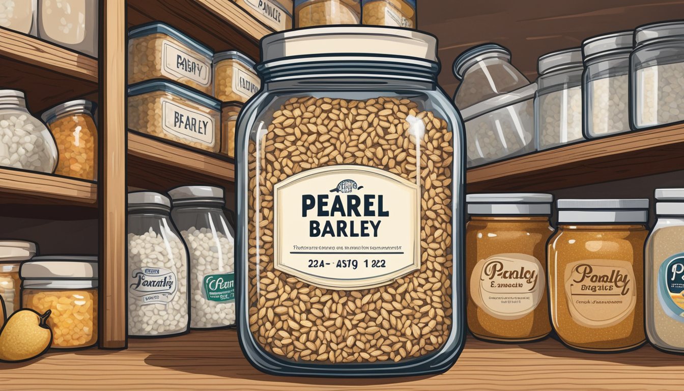 A jar of pearled barley sits on a shelf, surrounded by other pantry items. The label indicates the expiration date, and the grains are dry and intact