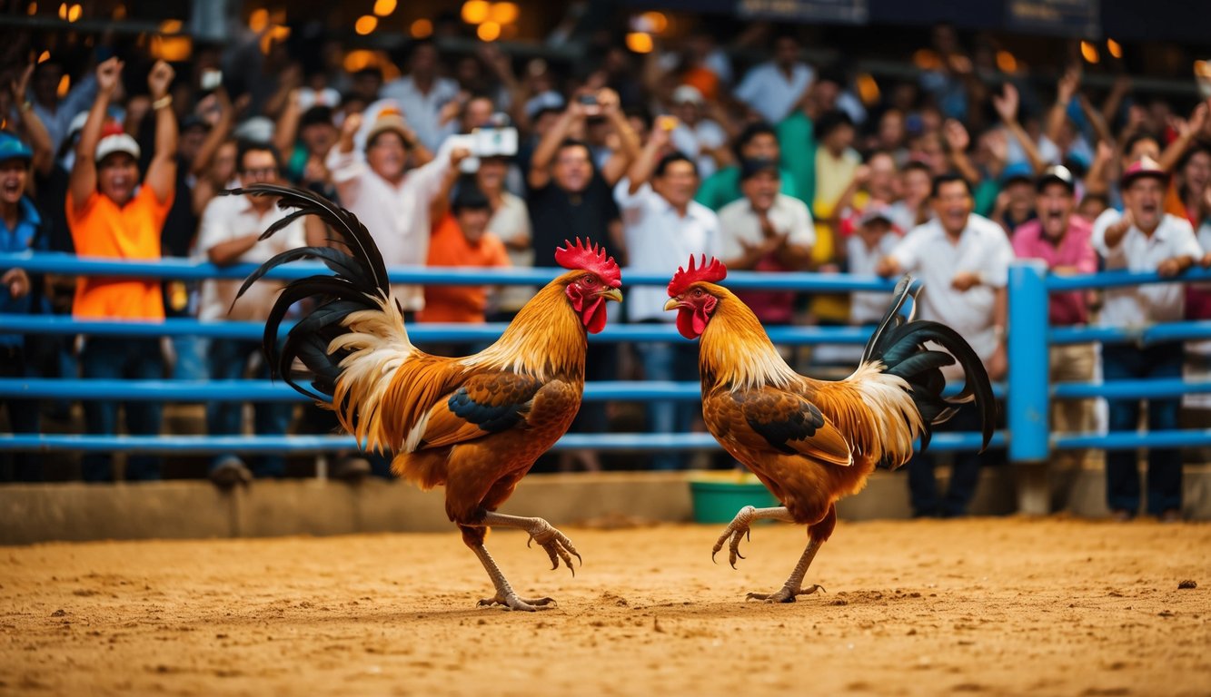 Sebuah arena yang ramai dengan dua ayam jantan bertarung sengit dalam pertandingan sabung ayam tradisional, dikelilingi oleh penonton yang antusias bersorak dan memasang taruhan.