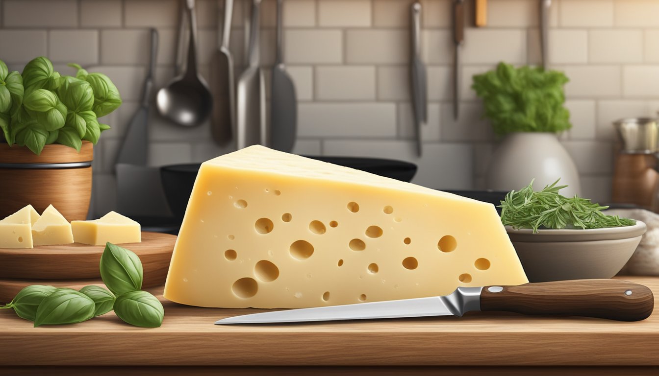 A wedge of parmesan cheese sits on a wooden cutting board, surrounded by a rustic kitchen scene of fresh herbs, a knife, and a vintage cheese grater