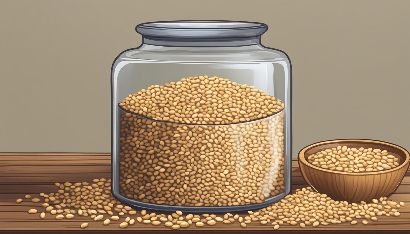 A glass jar filled with pearled barley sitting on a wooden shelf, surrounded by other grains and dried goods