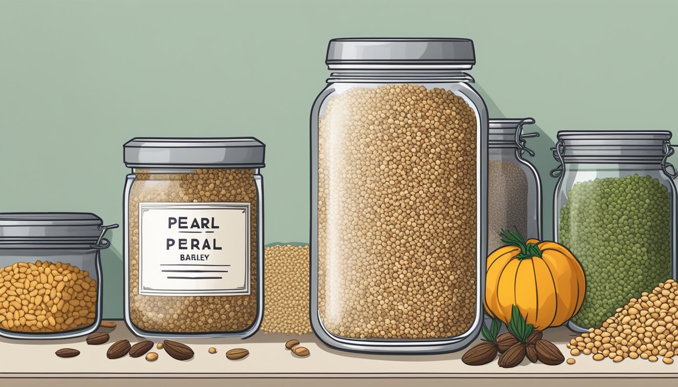 A jar of pearl barley sits on a kitchen shelf, surrounded by other grains and spices. The label on the jar indicates the expiration date