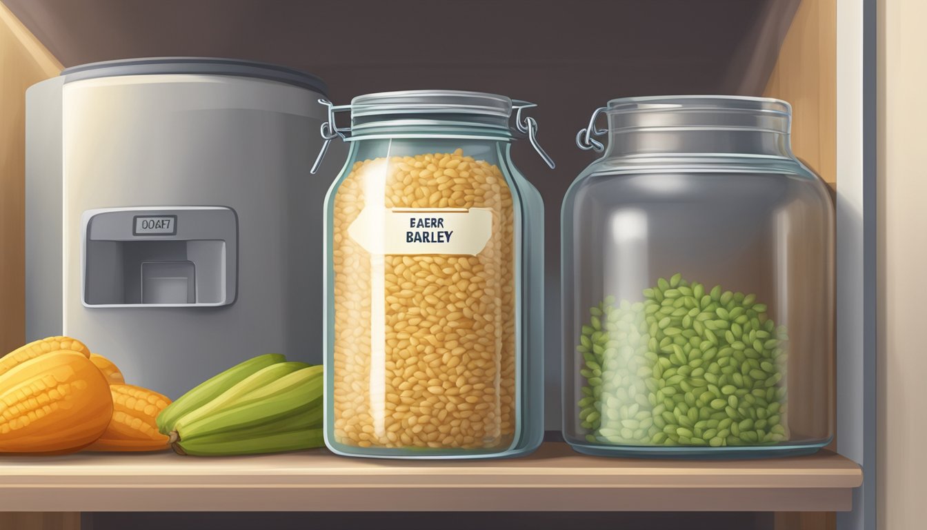 A clear glass jar of pearled barley sits on a shelf, with a label indicating the expiration date. Nearby, a refrigerator displays various fresh produce