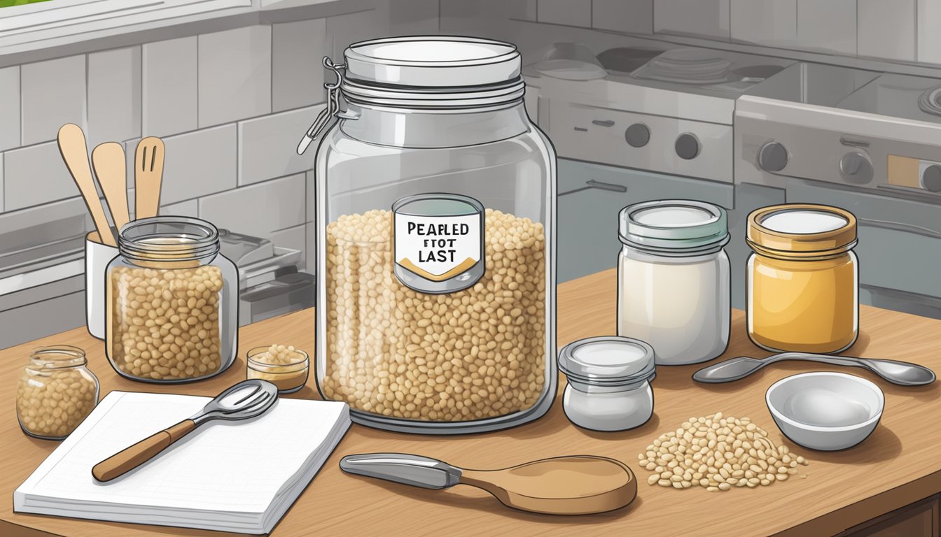 A jar of pearled barley sits on a kitchen countertop, surrounded by various cooking utensils and a recipe book. The jar is labeled with the question "How long does pearled barley last?"