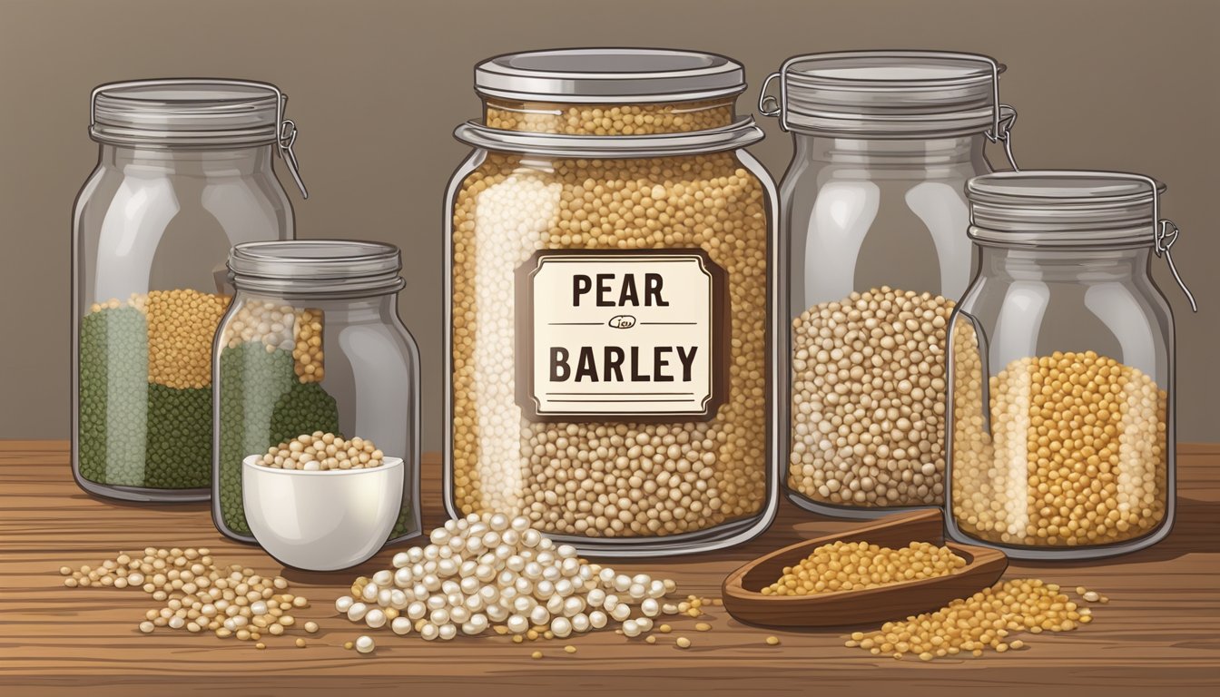 A clear glass jar filled with pearl barley sits on a wooden shelf, surrounded by other grains and ingredients. The label on the jar indicates the date of purchase