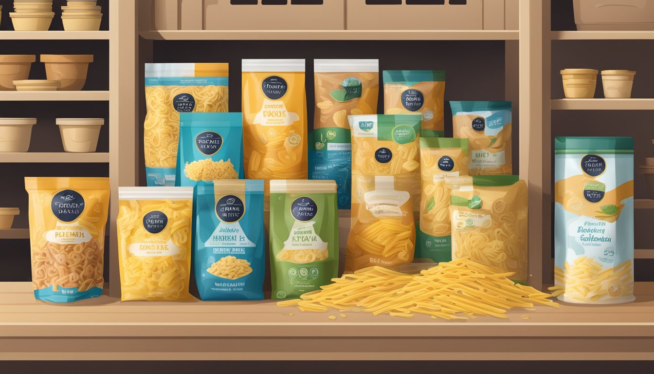 A variety of pasta shapes and sizes in a pantry, with expiration dates labeled on the packaging