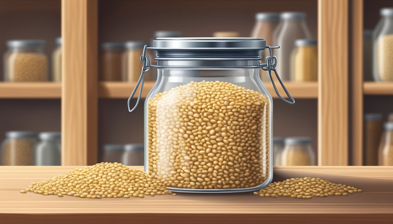 A glass jar of pearled barley sits on a shelf, sealed with a metal lid. The grains are dry and intact, with no signs of spoilage