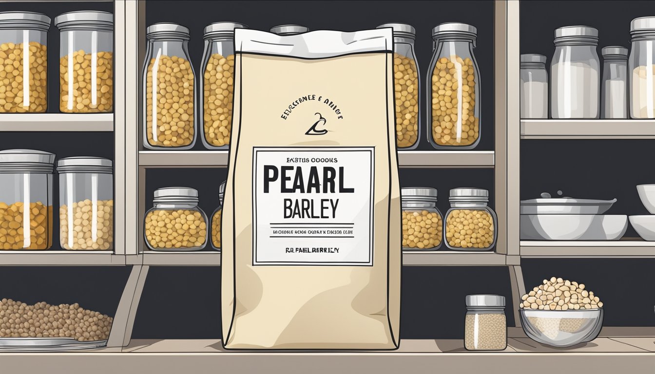 A bag of pearl barley sits on a kitchen shelf, surrounded by other dry goods. The expiration date on the packaging is clearly visible