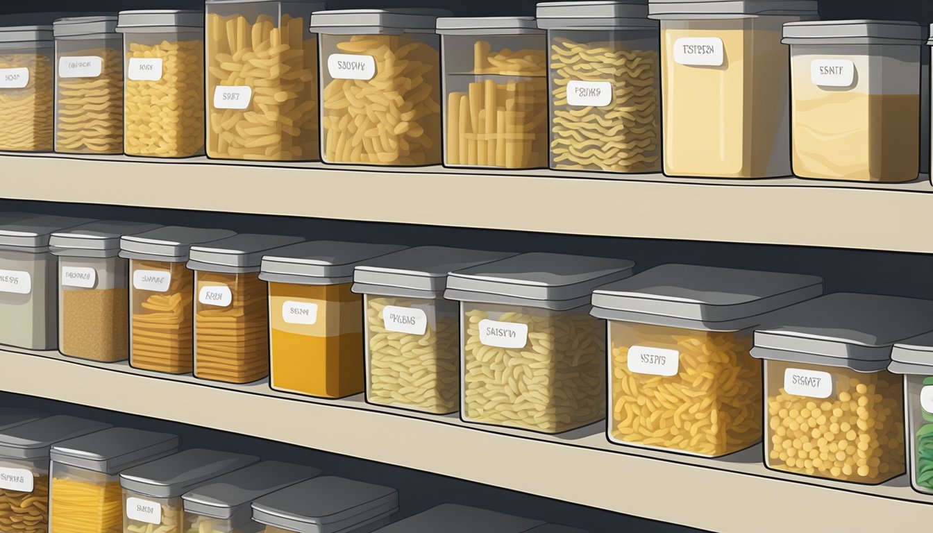 A pantry shelf with neatly organized rows of various types of pasta in sealed containers, with a label indicating the expiration date