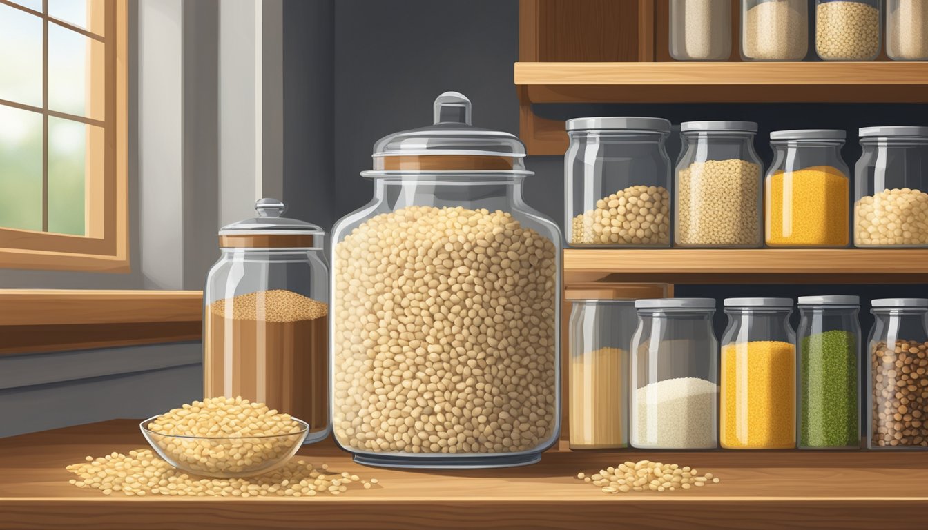 A clear glass jar filled with pearled barley sits next to other grains, including rice and quinoa, on a wooden kitchen shelf