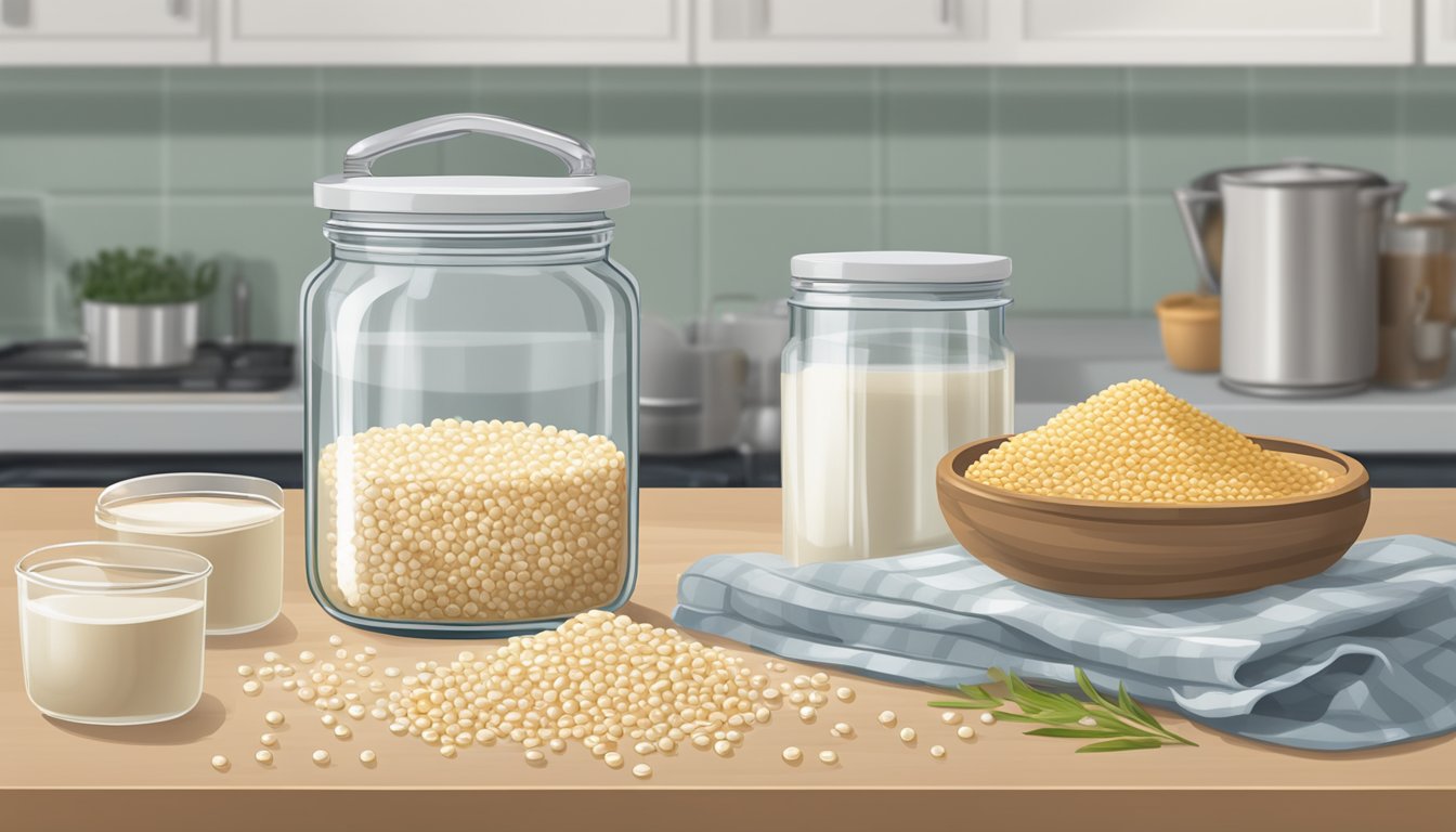 A jar of pearl barley on a kitchen counter, surrounded by measuring cups and a pot of boiling water