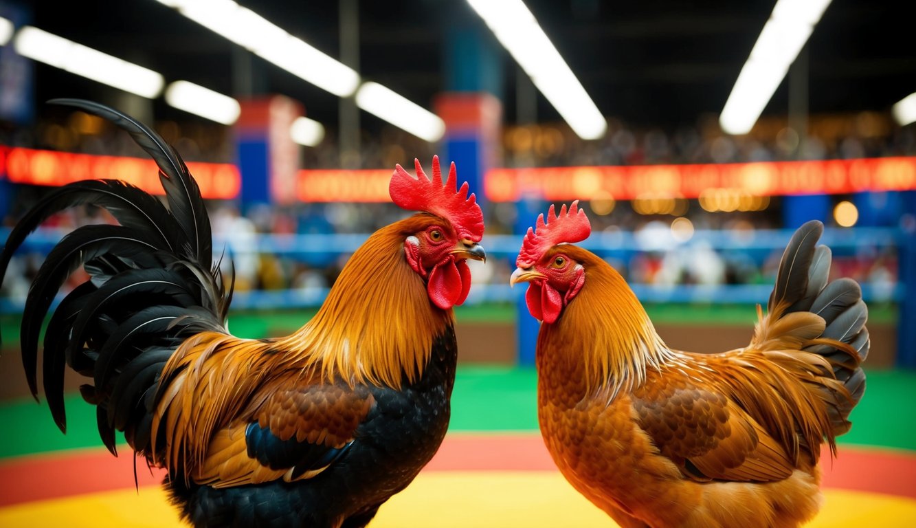 Seekor ayam jantan dan ayam betina berhadapan di arena sabung ayam online yang ramai dan penuh warna