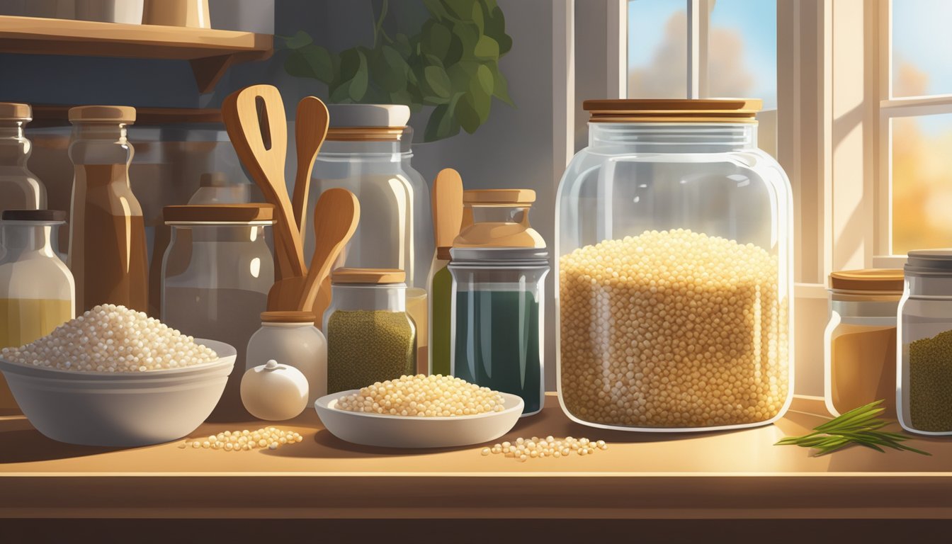 A glass jar filled with pearl barley sits on a kitchen shelf, surrounded by various cooking ingredients and utensils. The warm sunlight streams in through the window, casting a soft glow on the scene