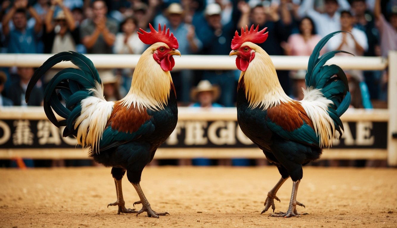 Dua ayam jantan saling berhadapan di arena sabung ayam yang formal. Kerumunan bersorak saat burung-burung bersiap untuk bertarung.