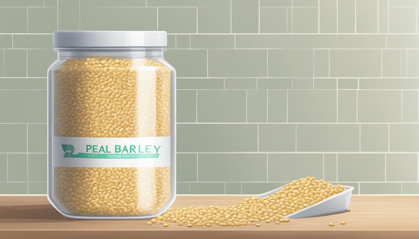 A sealed container of pearl barley stored in a clean, dry pantry with no signs of pests