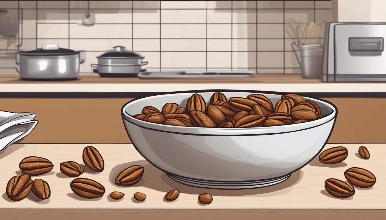 A bowl of pecan halves sits on a kitchen counter, with a few scattered on the surface. The nuts are fresh and intact, with no signs of spoilage