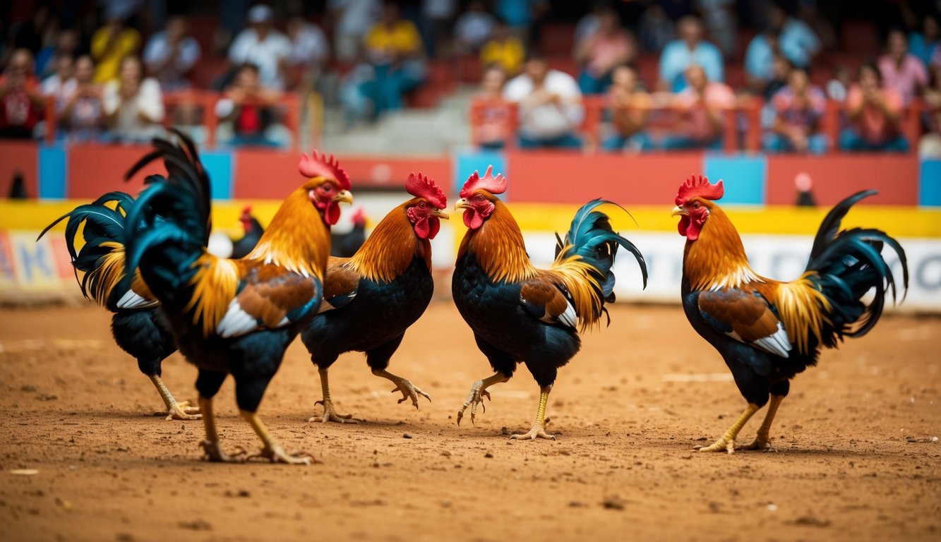 Sebuah arena sabung ayam yang meriah dengan penonton yang bersorak dan ayam jantan berwarna-warni di tengah pertempuran