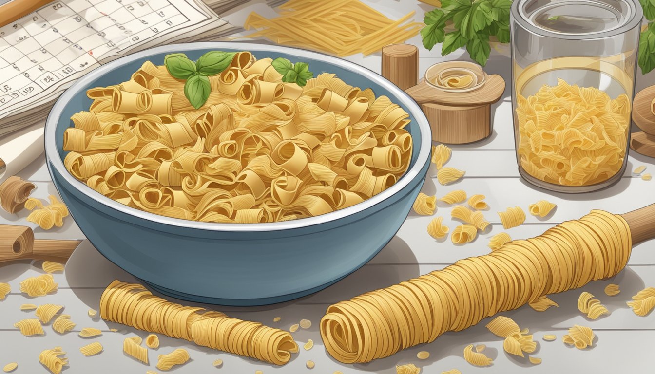 A bowl of pasta sits on a kitchen counter, surrounded by various types of dried pasta and a calendar marking the expiration date