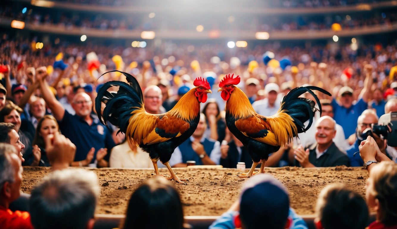 Sebuah arena yang ramai dengan dua ayam jantan berhadapan di tengah, dikelilingi oleh penonton yang bersorak dan suasana yang hidup