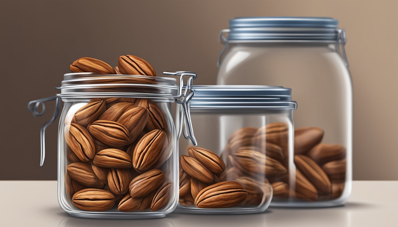 A glass jar filled with pecan halves, sealed tightly with a lid, sitting on a pantry shelf