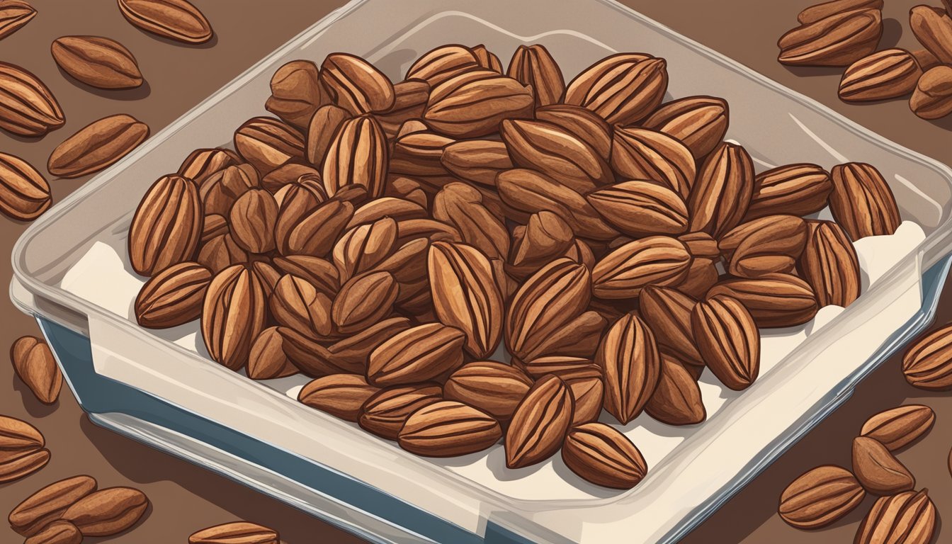 A pile of pecan halves stored in an airtight container, surrounded by a few whole pecans and a calendar showing the current date