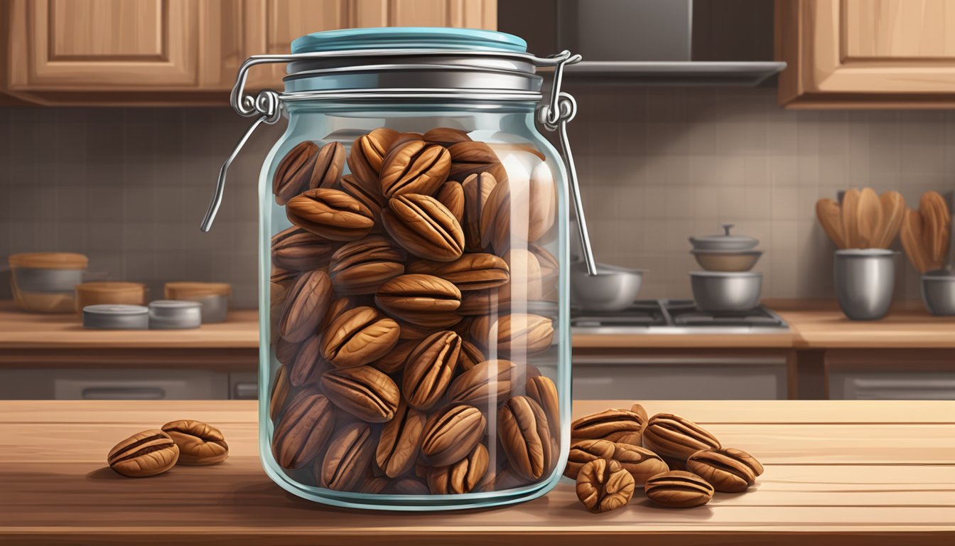 A clear glass jar filled with pecan halves, sealed with a metal lid, sitting on a rustic wooden kitchen counter