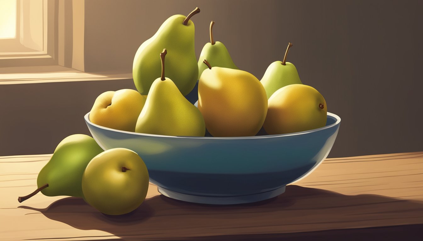 A ripe pear sits on a wooden shelf next to a bowl of fruit. A faint glow illuminates the scene, hinting at the idea of extending the pear's shelf life