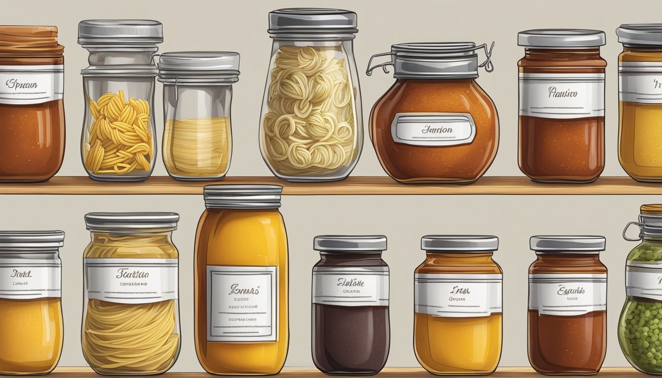 A variety of pasta sauce jars arranged on a kitchen counter, with labels indicating different flavors and expiration dates