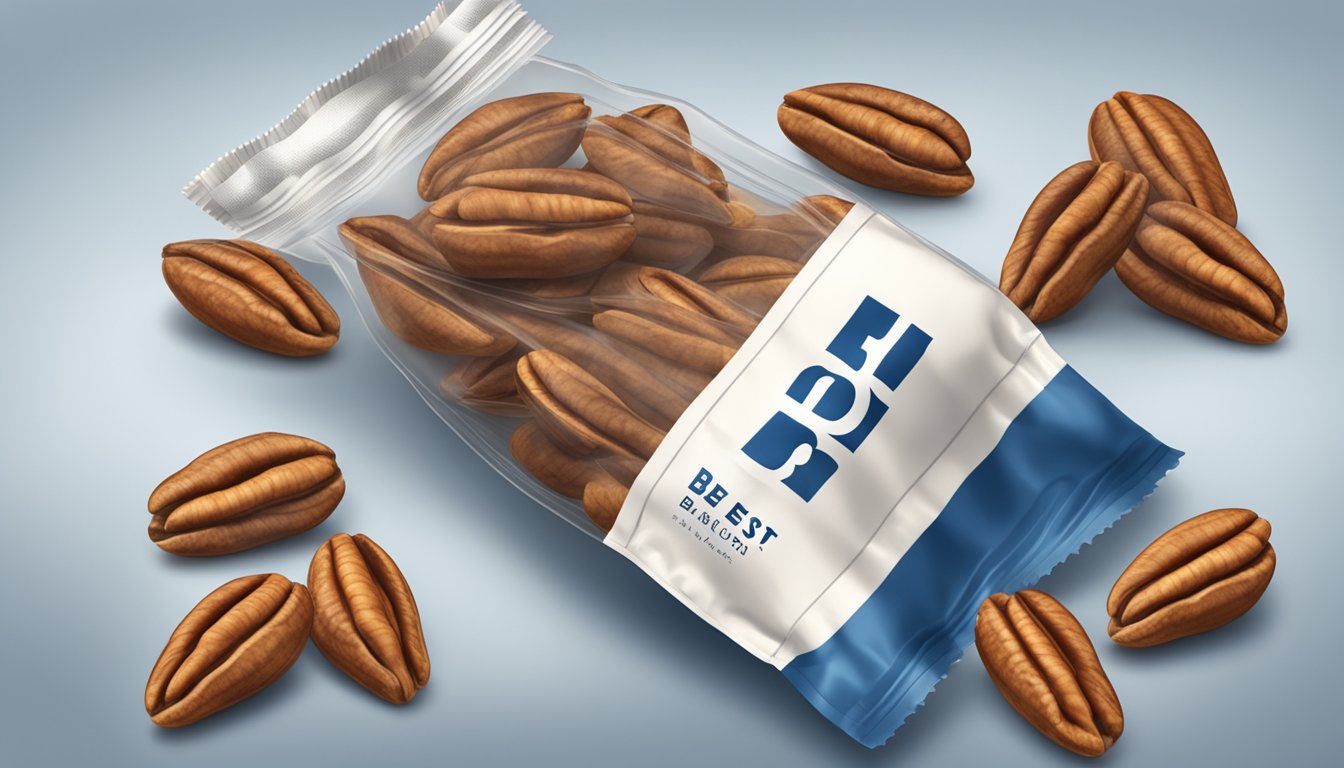 A close-up of a sealed bag of pecan halves with a "best by" date printed on the label, surrounded by a frosty background