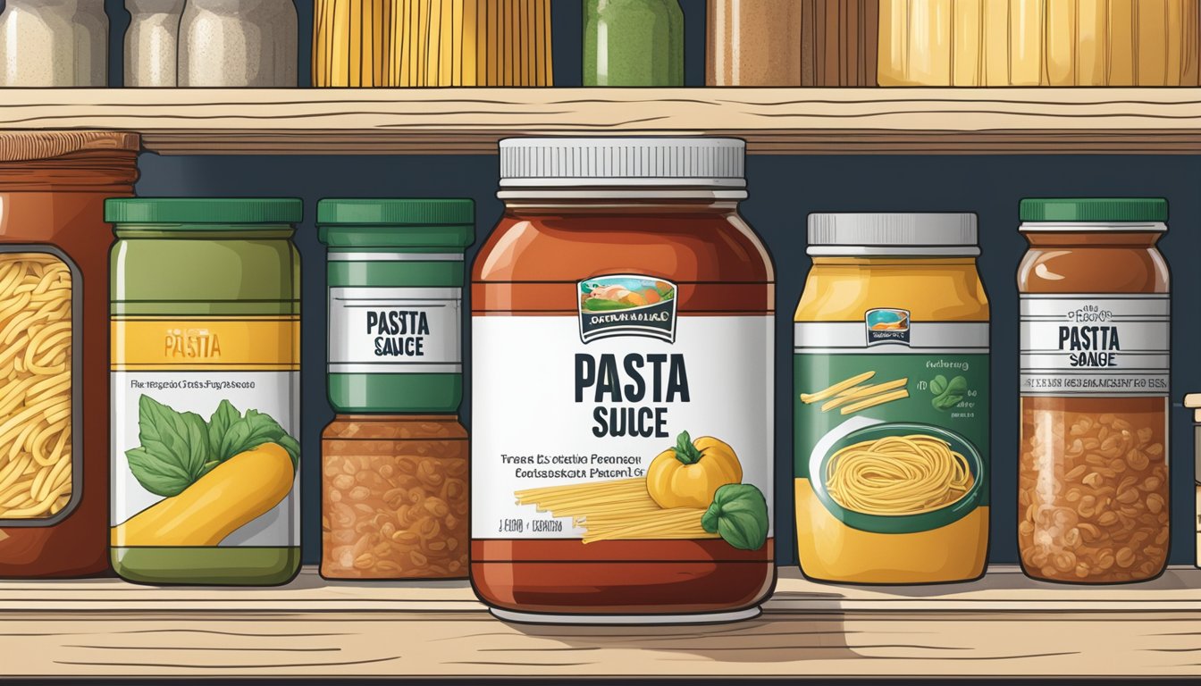 A jar of pasta sauce mix sits on a shelf, surrounded by other pantry items. The expiration date is clearly printed on the label