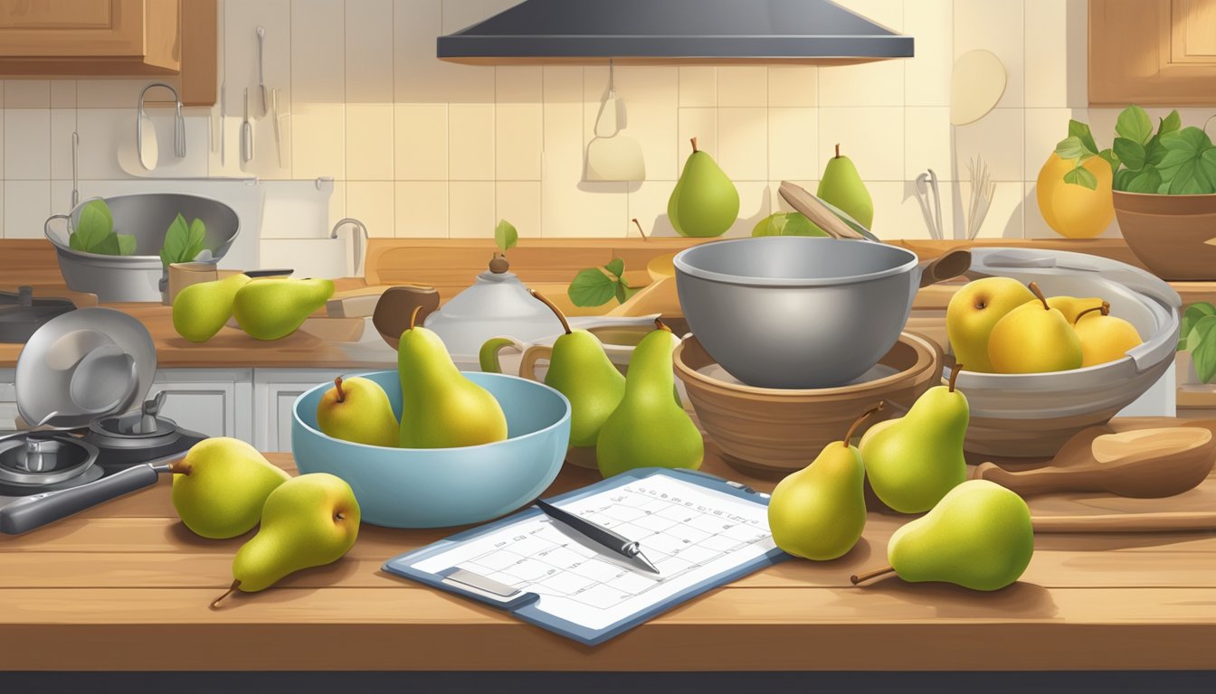 A bowl of ripe pears sits on a wooden kitchen counter, surrounded by various cooking utensils and ingredients. A calendar on the wall marks the date of purchase